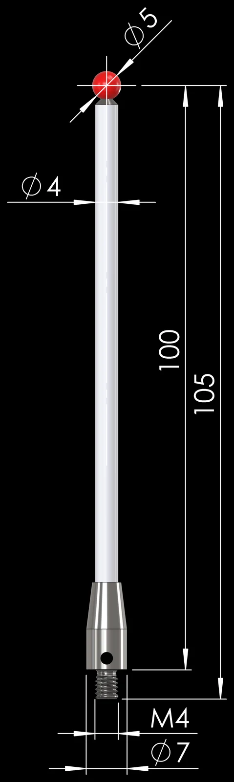 M4 D5×100 Ruby Stylus with Ceramic Stem – Measuring stylus with ruby ball and ceramic stem